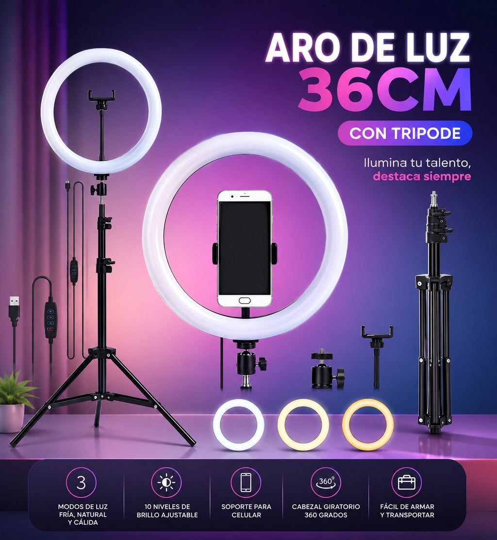 ARO DE LUZ 36 CM CON TRÍPODE PROFESIONAL