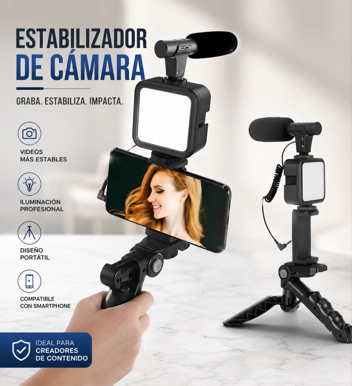 Estabilizador de cámaras para Smart Phone, con luz LED y micrófono profesional