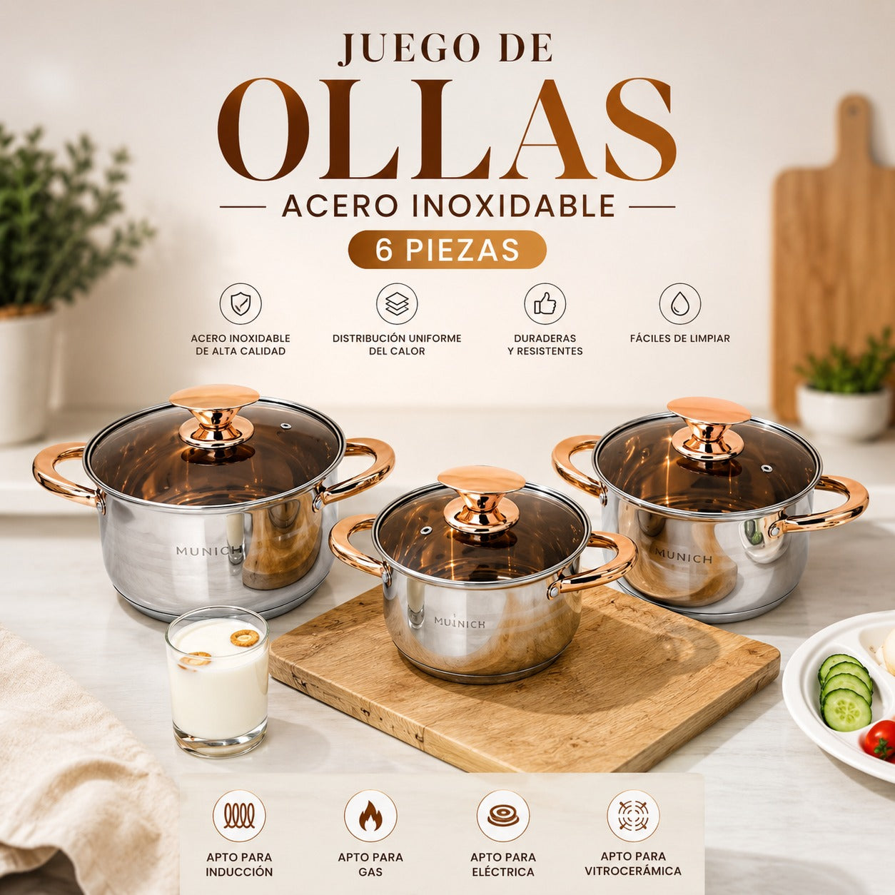 Juego de Ollas Acero Inoxidable 6 Piezas