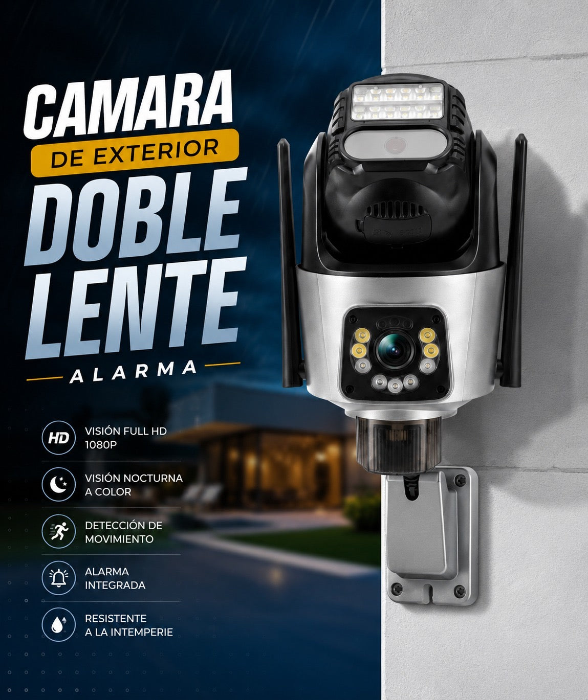 Cámara de Exterior Doble Lente con Alarma Integrada