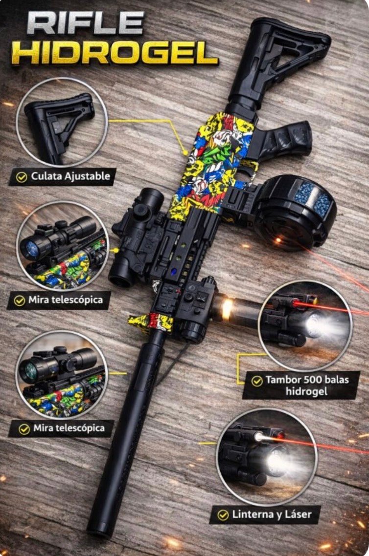 RIFLE HIDROGEL TÁCTICO CON TAMBOR Y ACCESORIOS COMPLETOS
